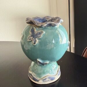 Olivin Hunter Teal Ceramic Vase Butterfly Design Marked SIGNED pottery heavy